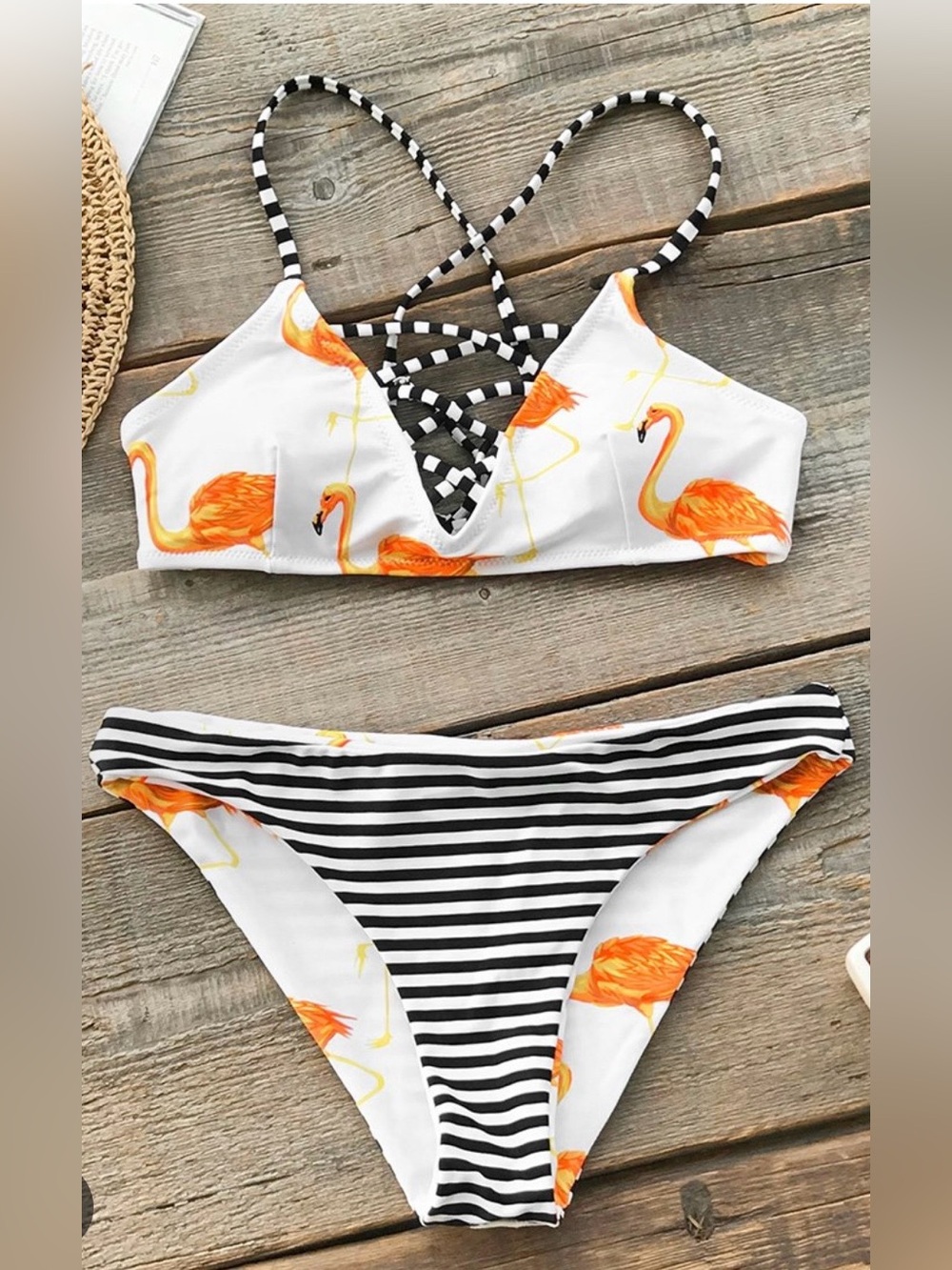 NWT CupShe Women's Flamingo Print Striped Bikini - Black, White & Orange, size M